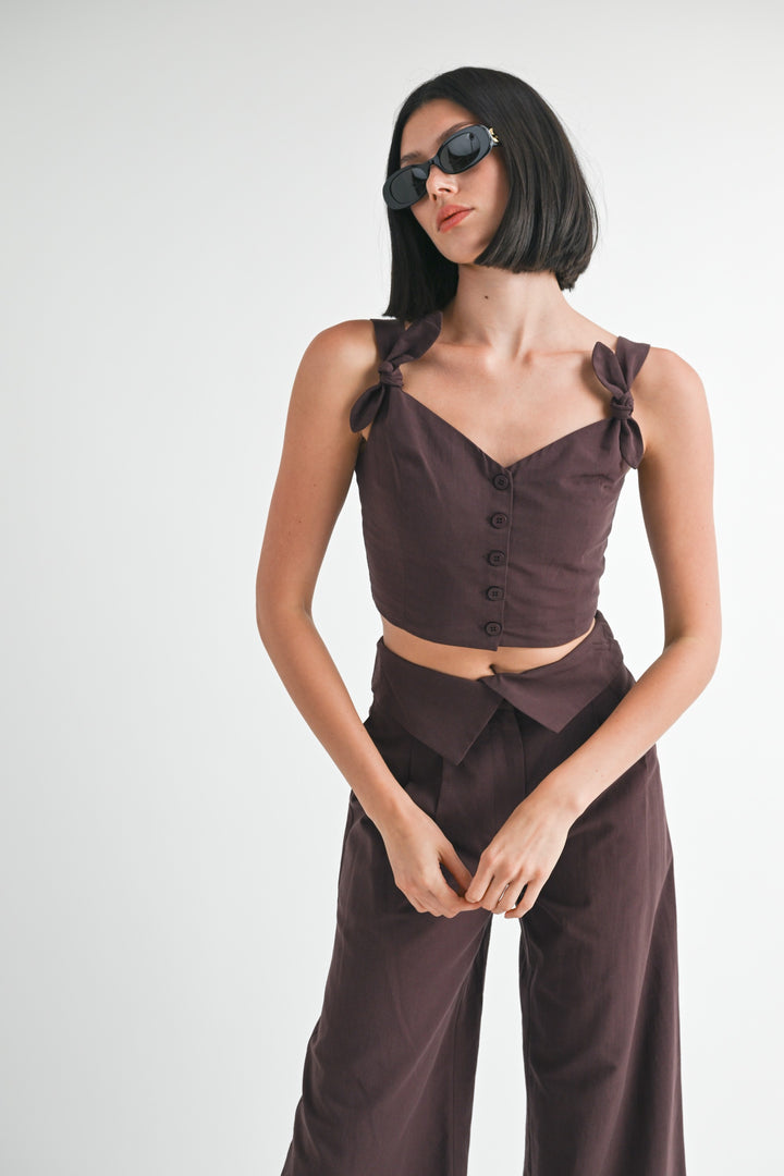 Chocolate Button Up Cropped Top With Shoulder Ties