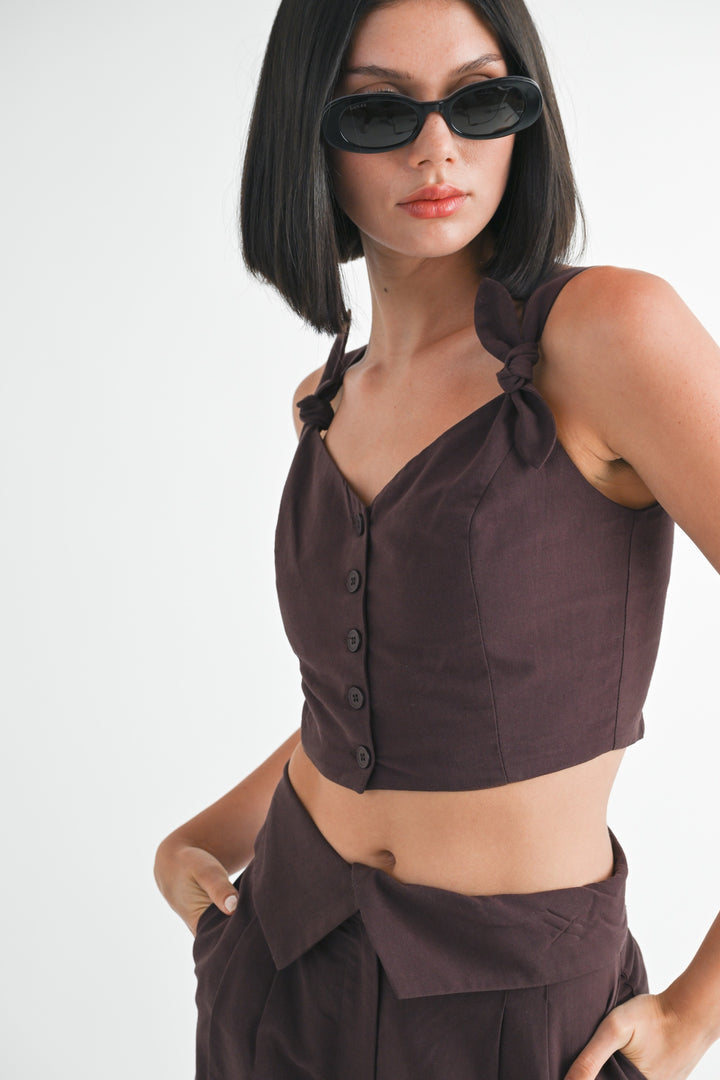 Chocolate Button Up Cropped Top With Shoulder Ties