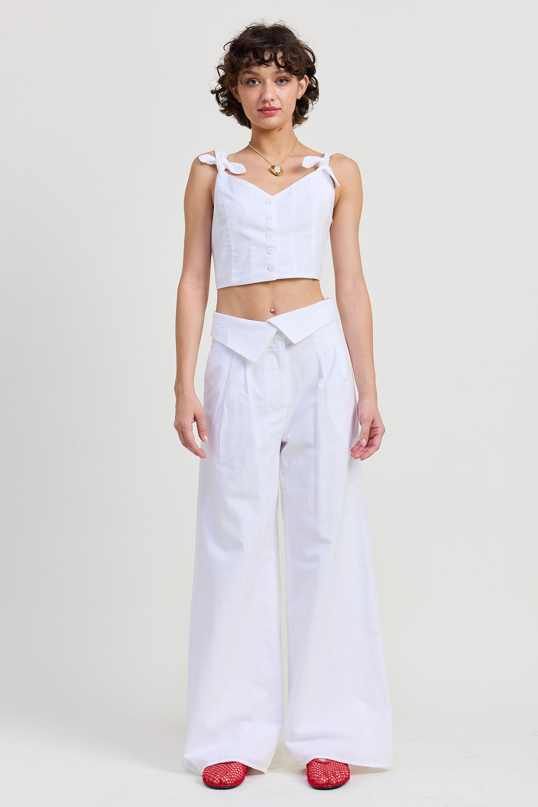 Button Up Cropped Top With Shoulder Ties