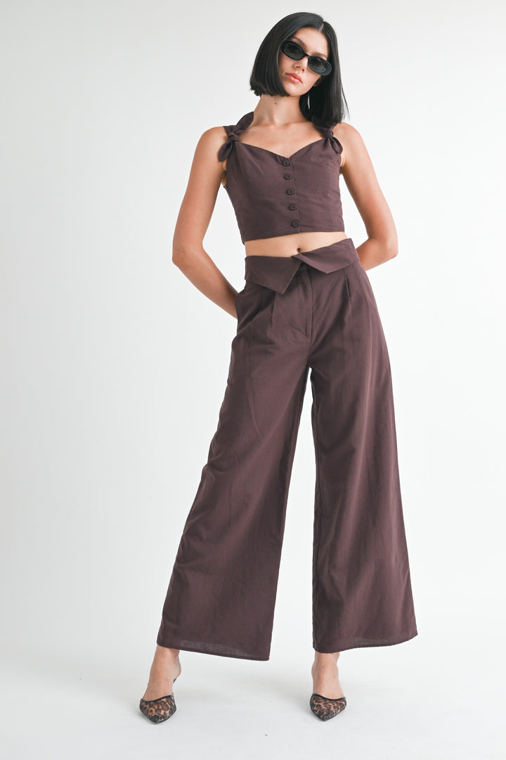 Off White Button Up Cropped Top With Shoulder Ties