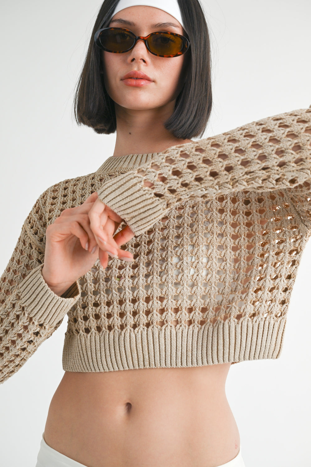 Olive Green Round Neck Knitted Crop Sweater Top