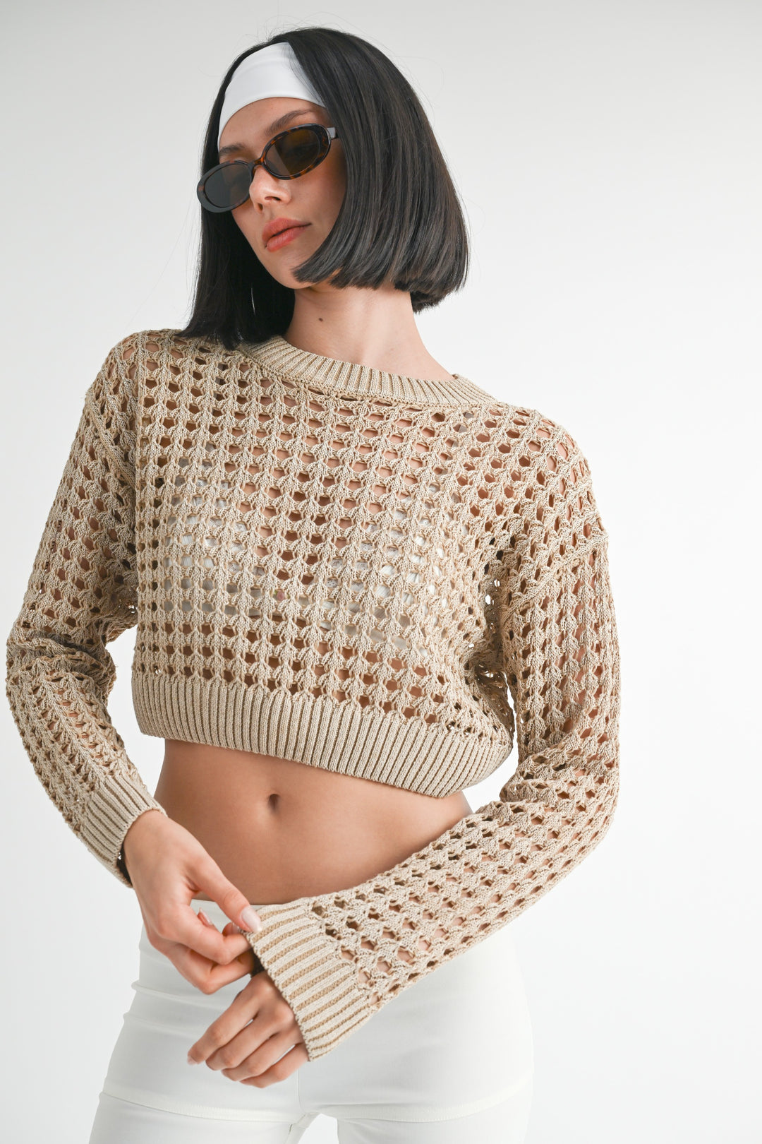 Olive Green Round Neck Knitted Crop Sweater Top