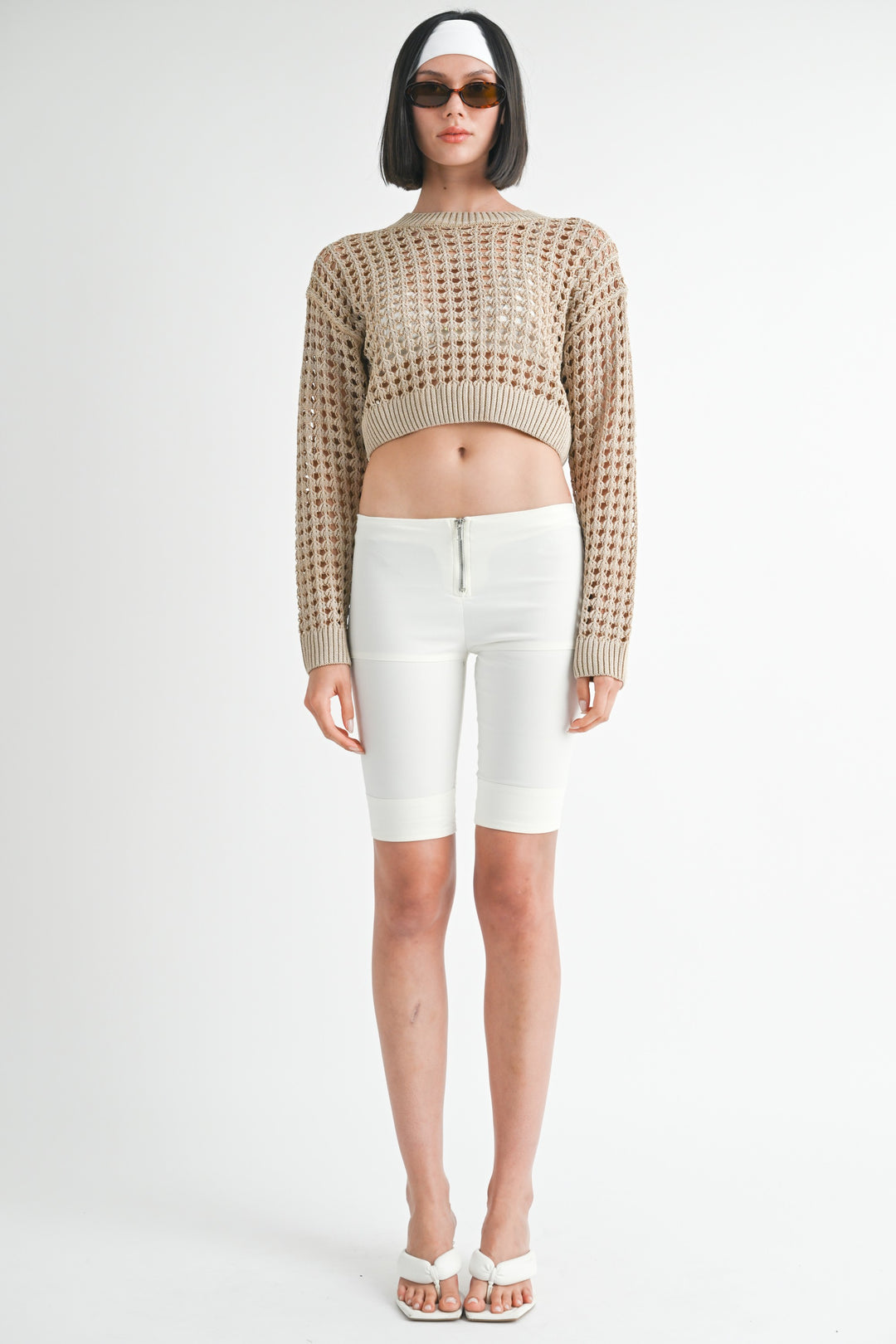 Taupe Round Neck Knitted Crop Sweater Top