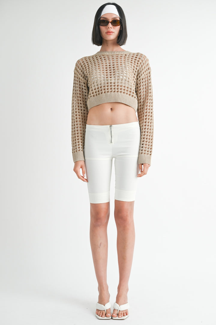 Taupe Round Neck Knitted Crop Sweater Top