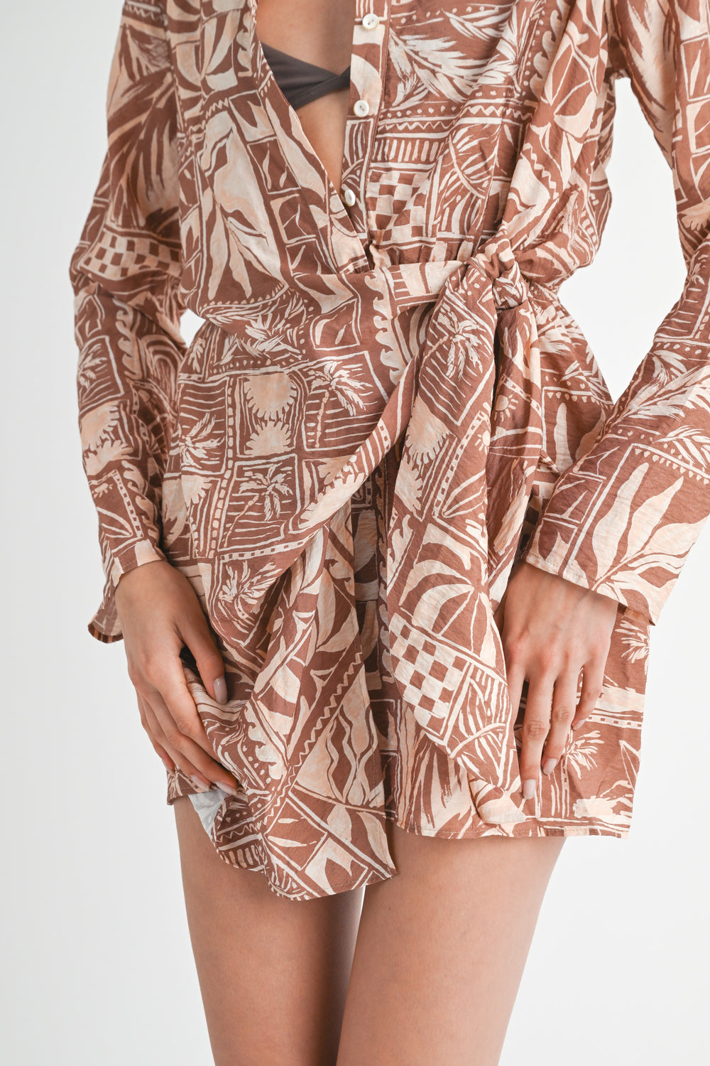 Brown Tropical Print Wrapped Button Up Mini Dress