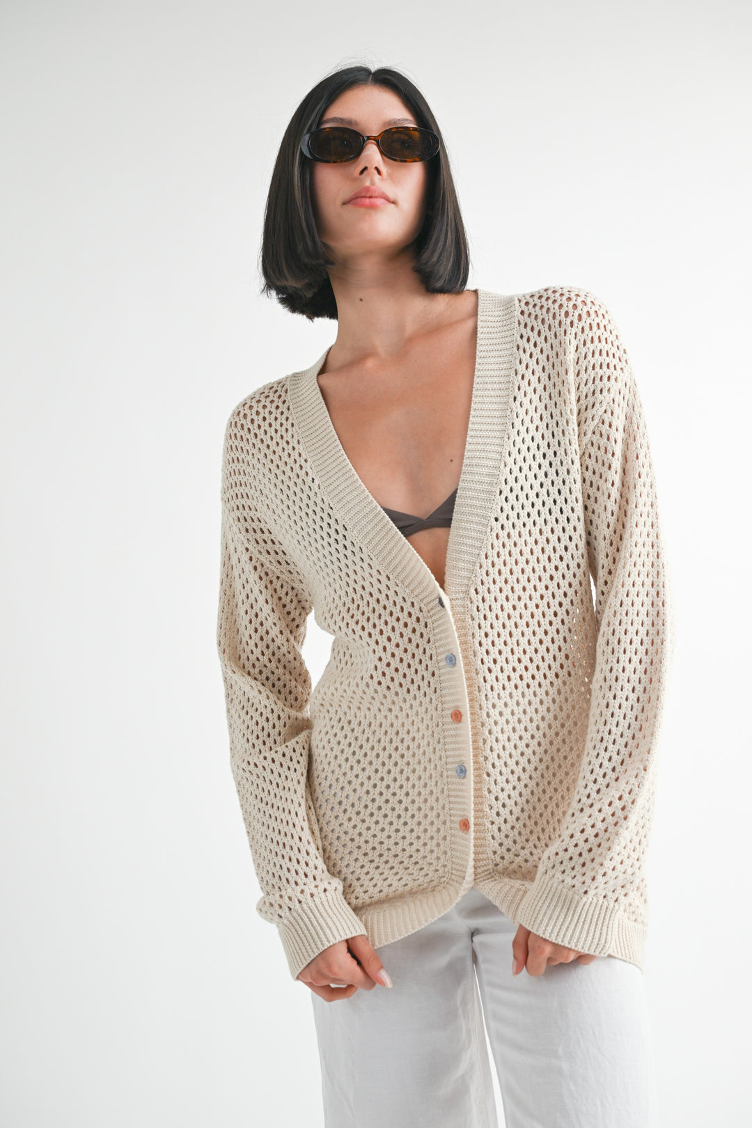 NATURAL Button Up Crochet Cardigan