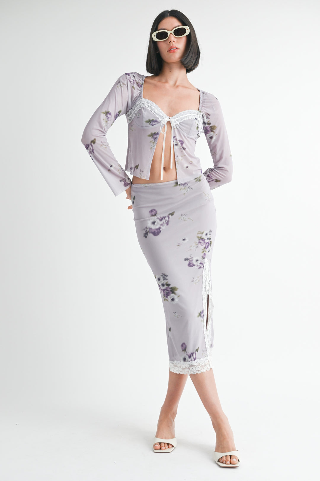 Lavender Floral Midi Skirt With Lace Trim