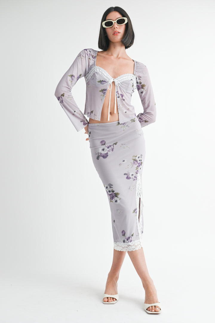 Lavender Floral Midi Skirt With Lace Trim