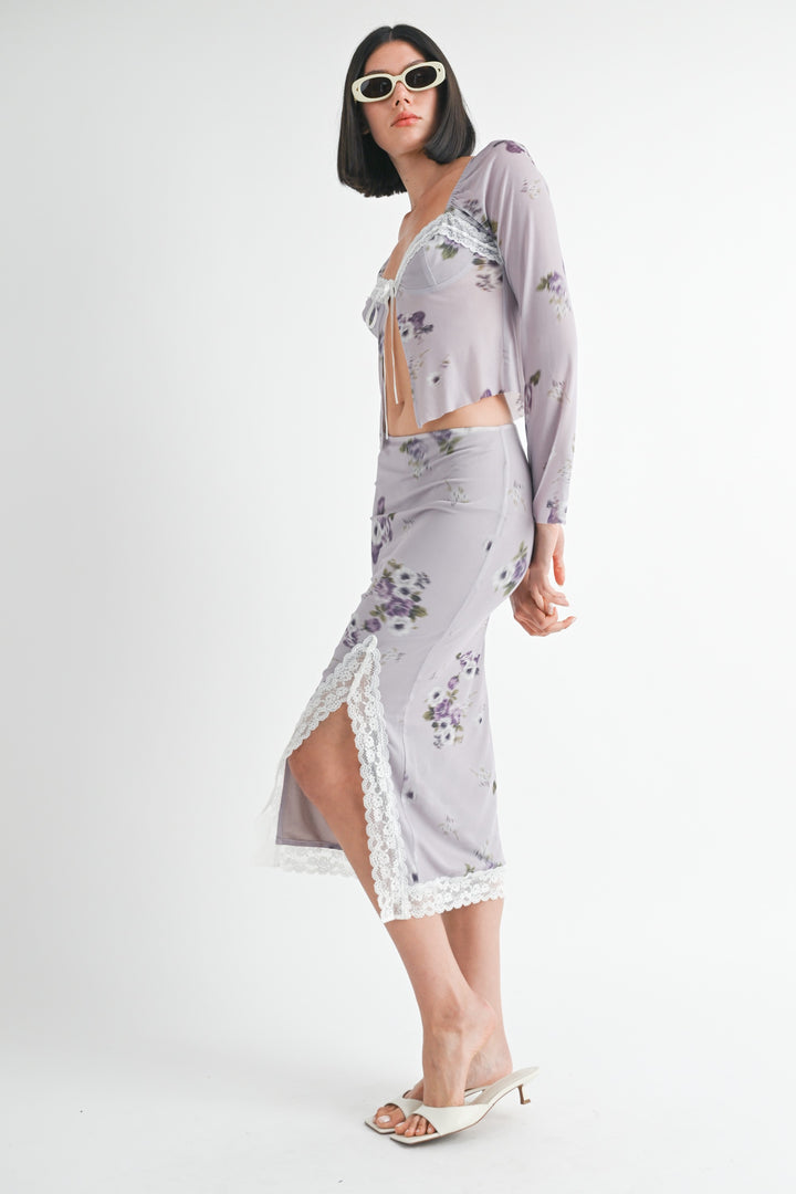 Floral Midi Skirt With Lace Trim