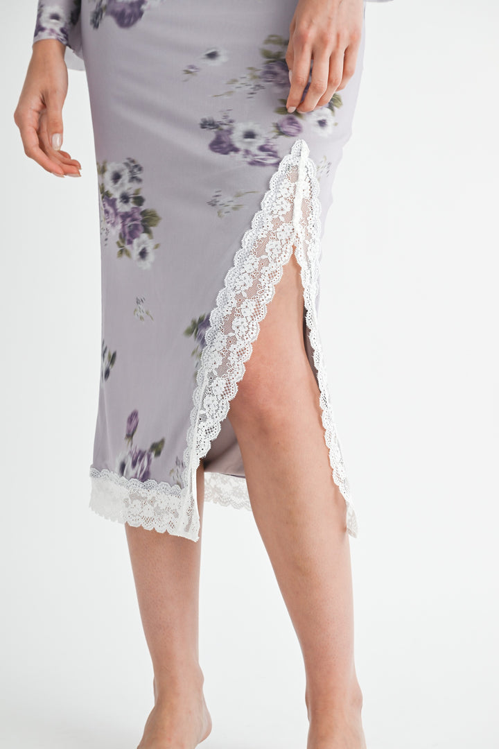 Lavender Floral Midi Skirt With Lace Trim