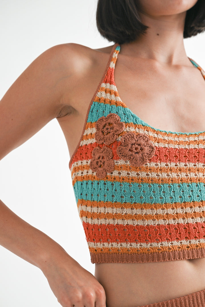 Stripped Crochet Top With Neck Tie
