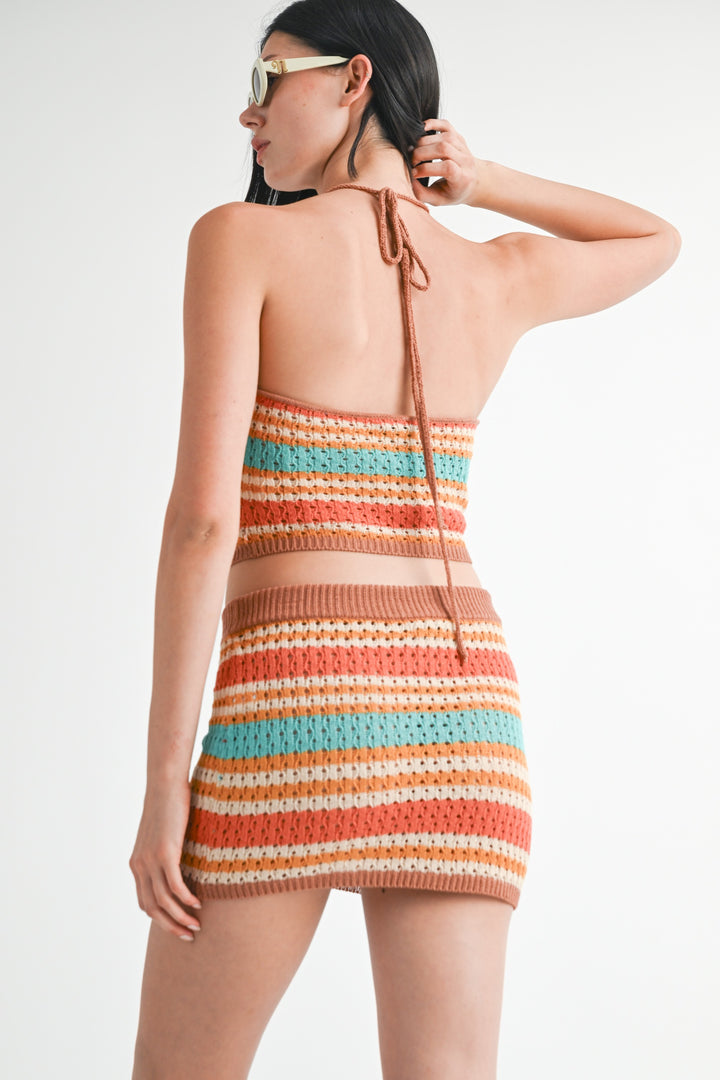 Orange Multi Stripped Crochet Mini Skirt