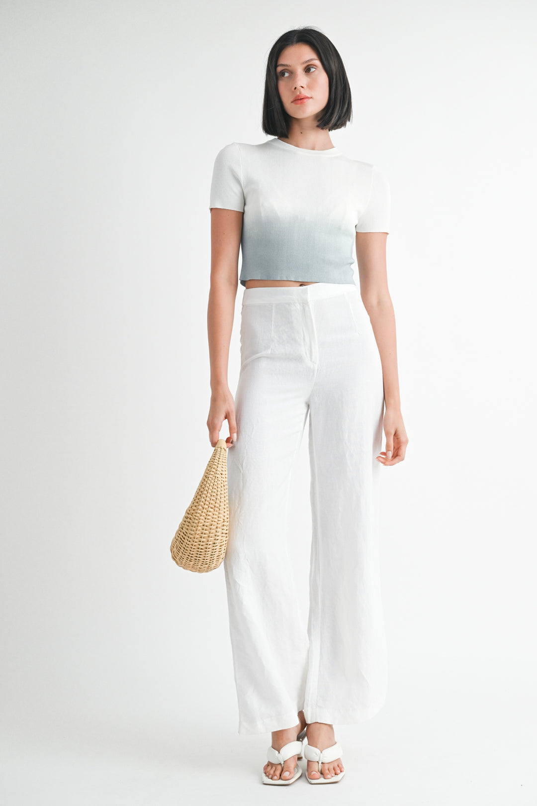 TEAL WHITE Ombre Crew Neck Cropped Top