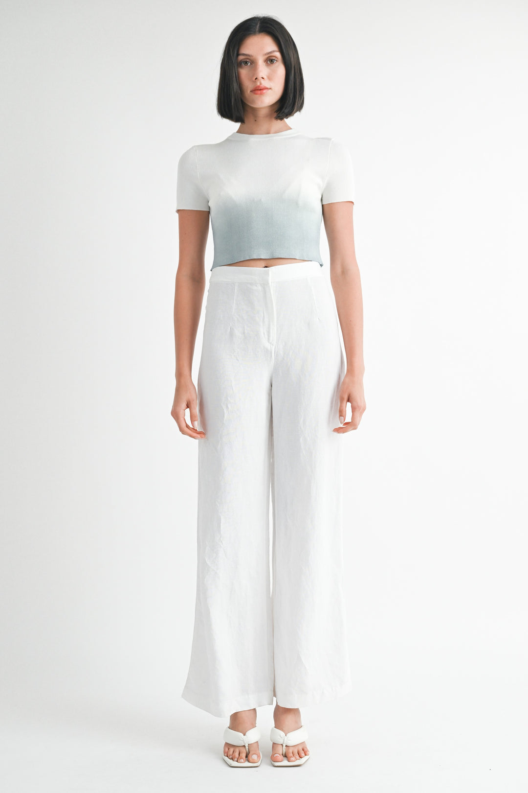 TEAL WHITE Ombre Crew Neck Cropped Top