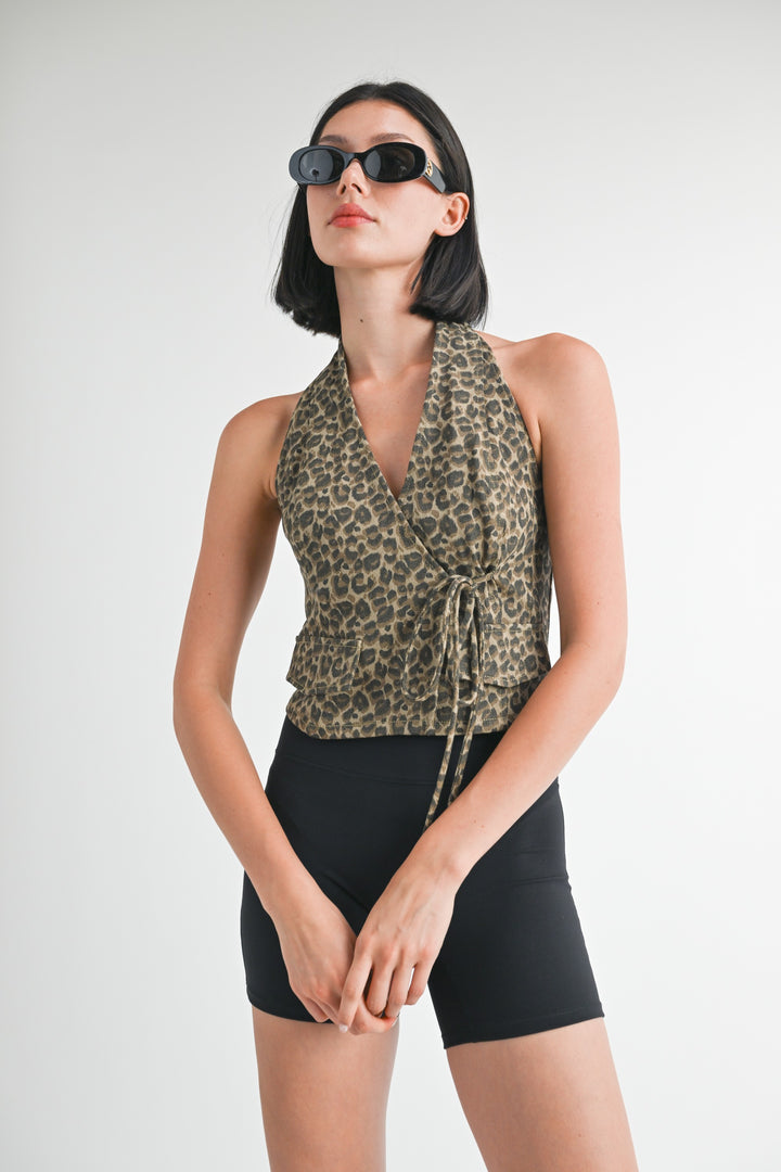 Leopard Wrapped Top With Halter Neck