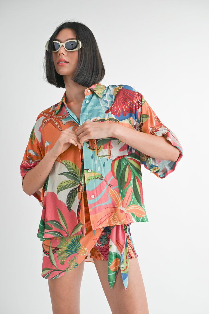 Tangerine Teal Print Oversized Camp Shirt