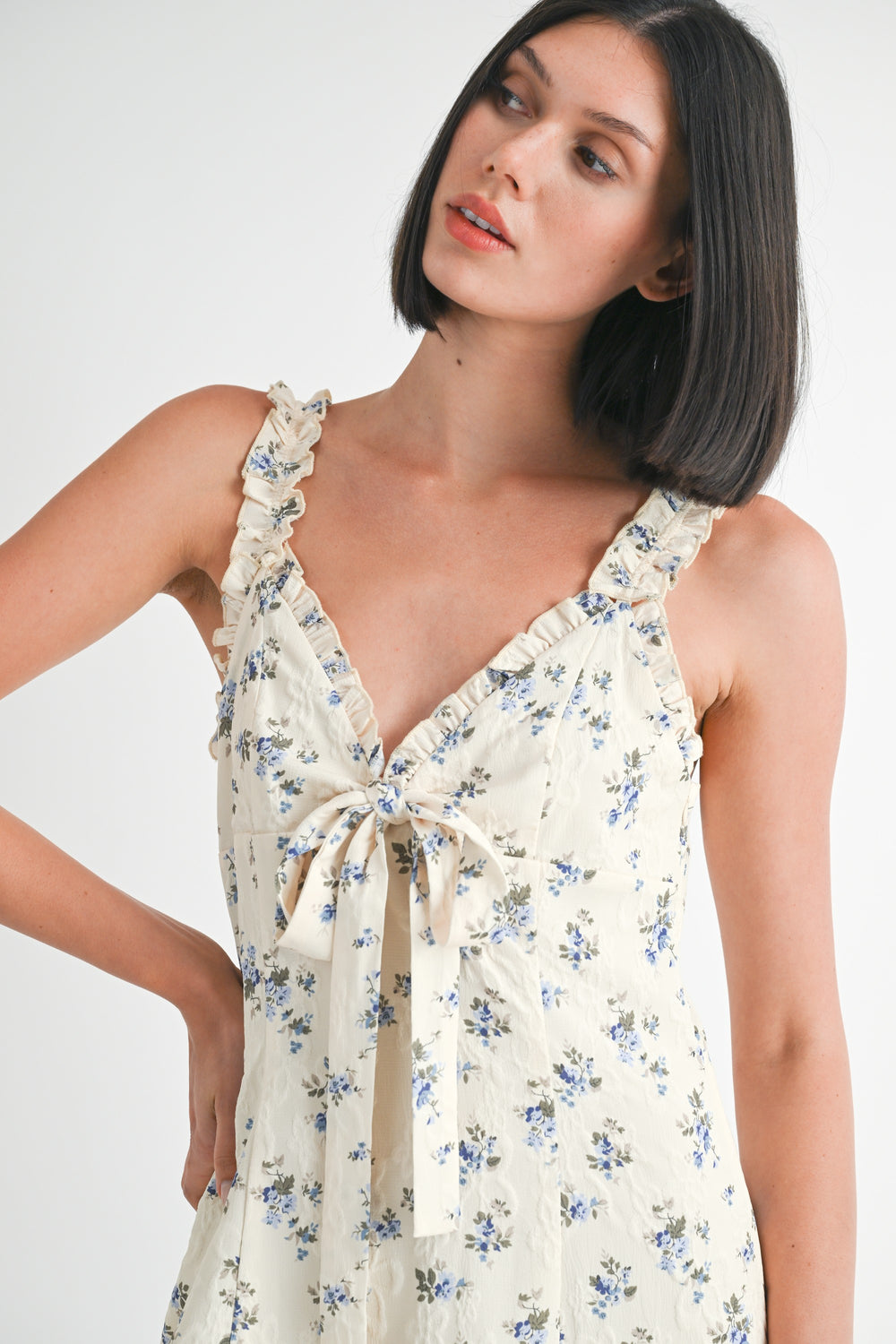 Pale Yellow Floral Mini Ruffle Bow Tie Dress