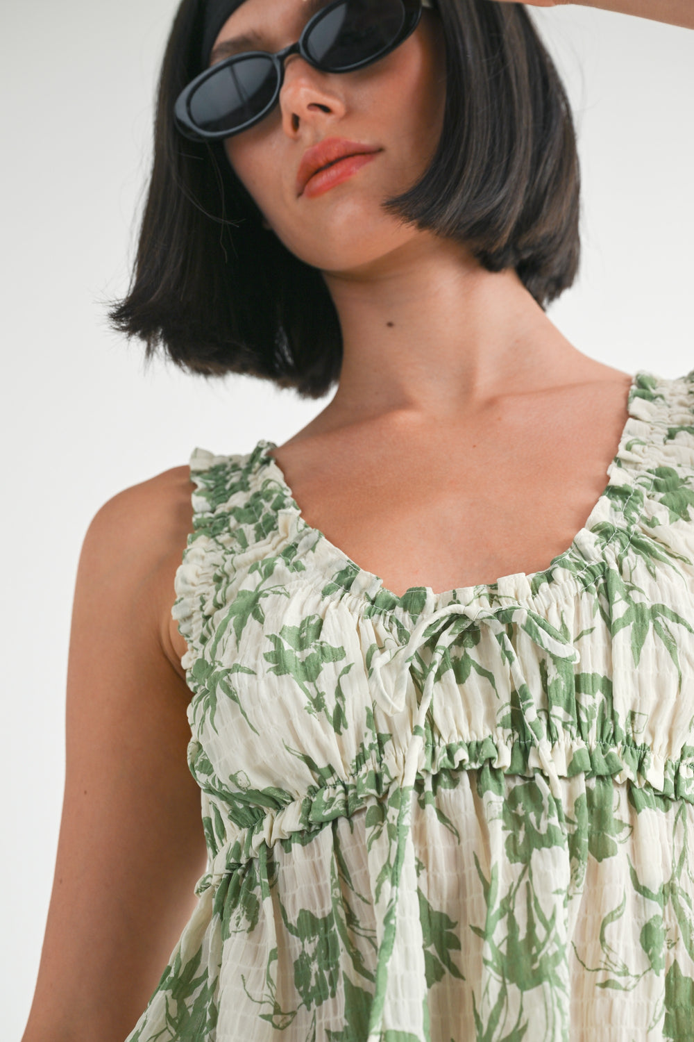 Green Floral Round Neck Babydoll Top