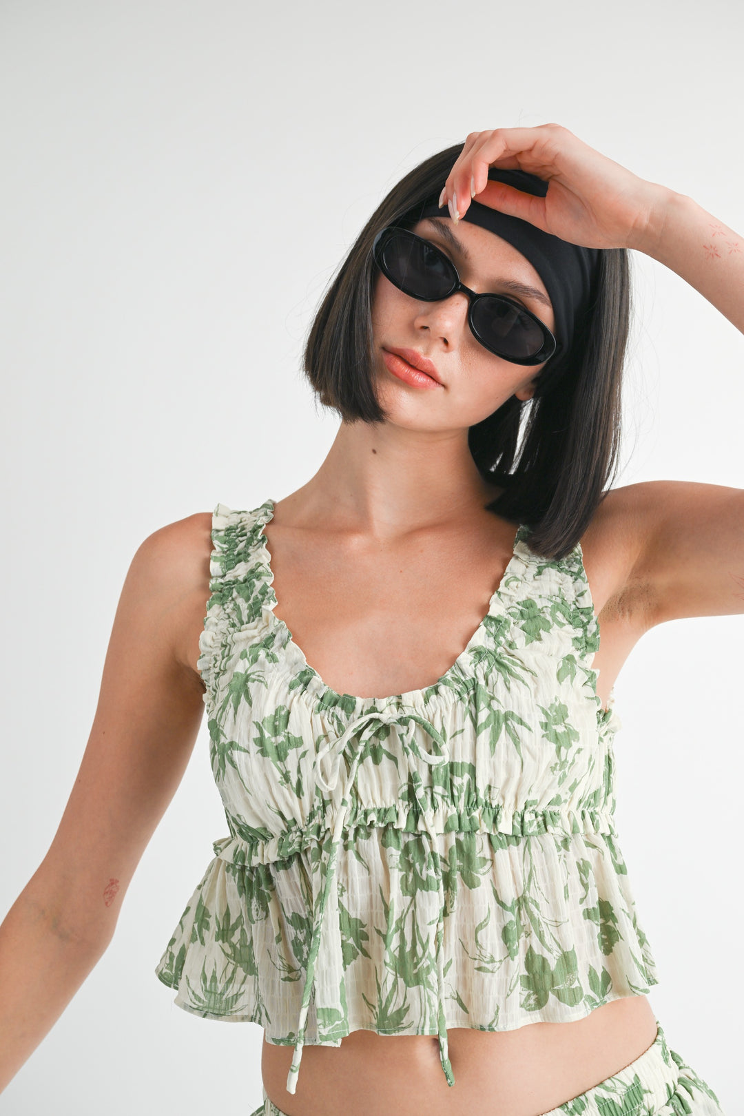 Green Floral Round Neck Babydoll Top
