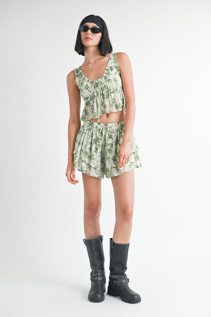 Green Floral Round Neck Babydoll Top