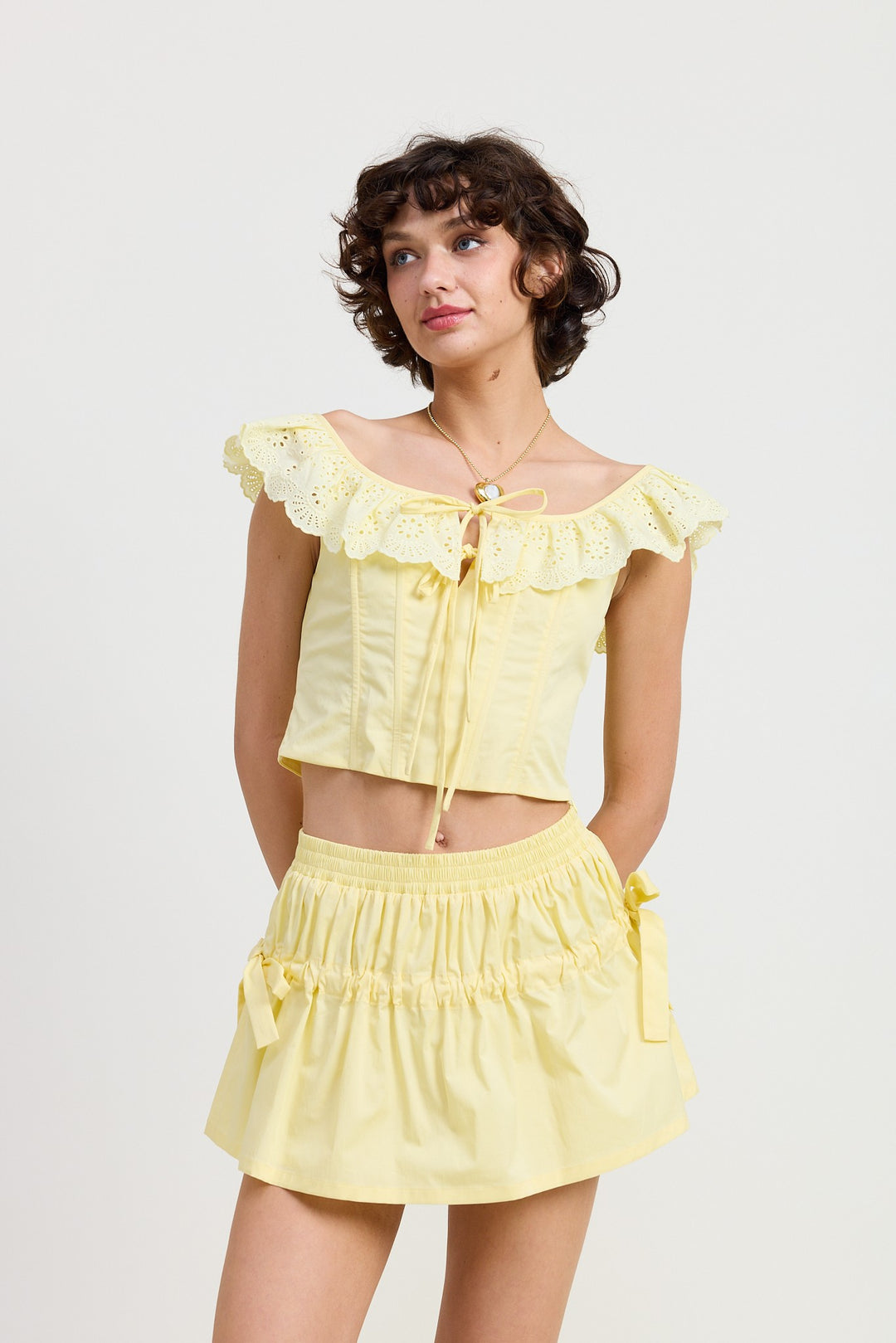 Pale Yellow Sqaure Neck Ruffle Corset Top