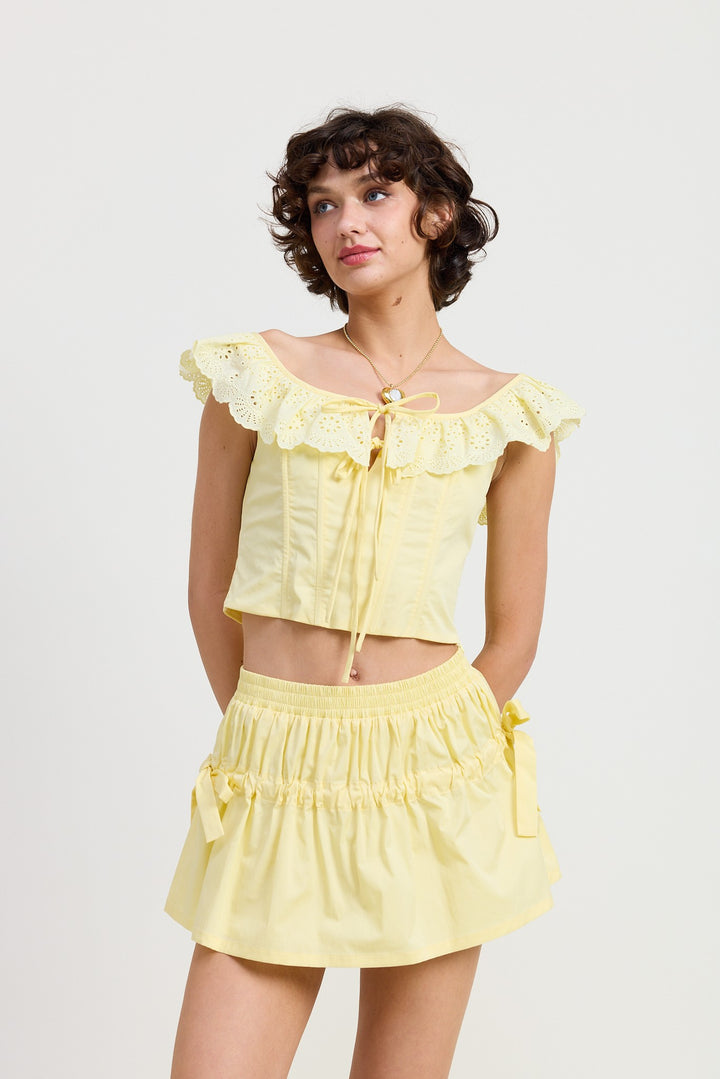 Pale Yellow Sqaure Neck Ruffle Corset Top