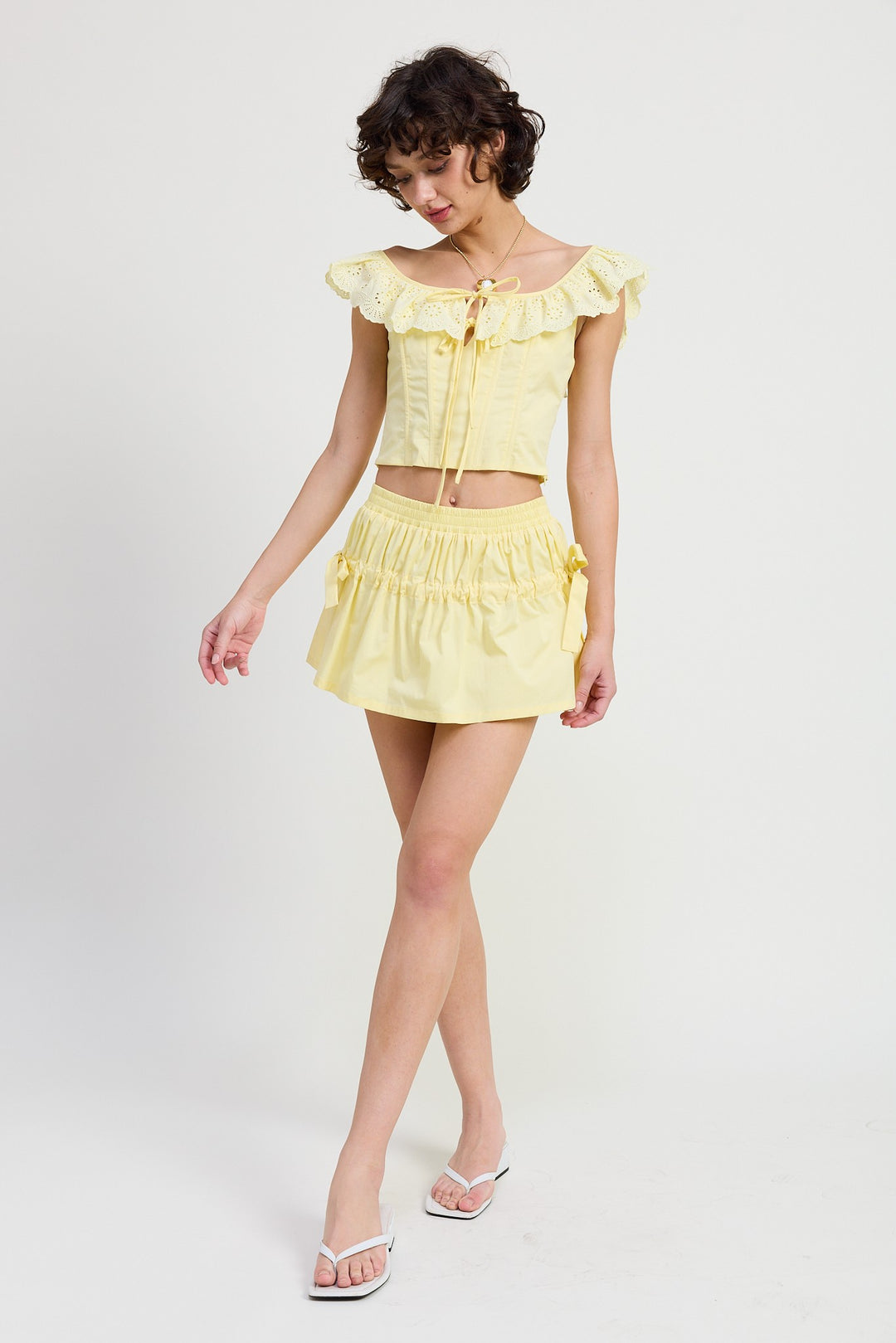 Pale Yellow Mnii Ruched Poplin Mini Skirt