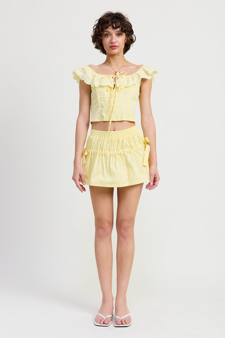 Pale Yellow Mnii Ruched Poplin Mini Skirt
