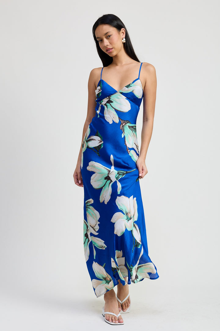 Blue Floral Floral Bias Maxi Dress