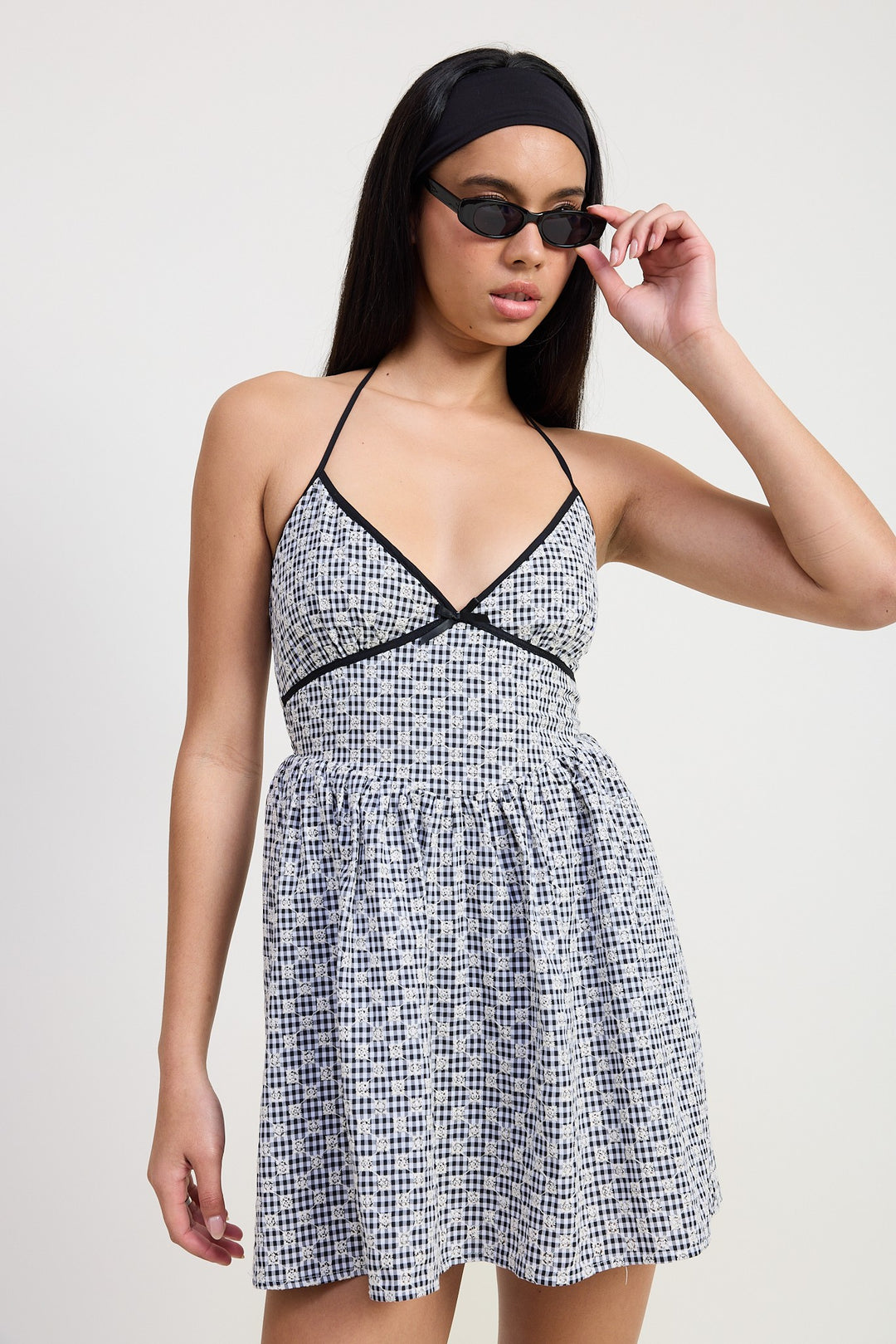 Black White Gingham Halter Neck Mini Dress