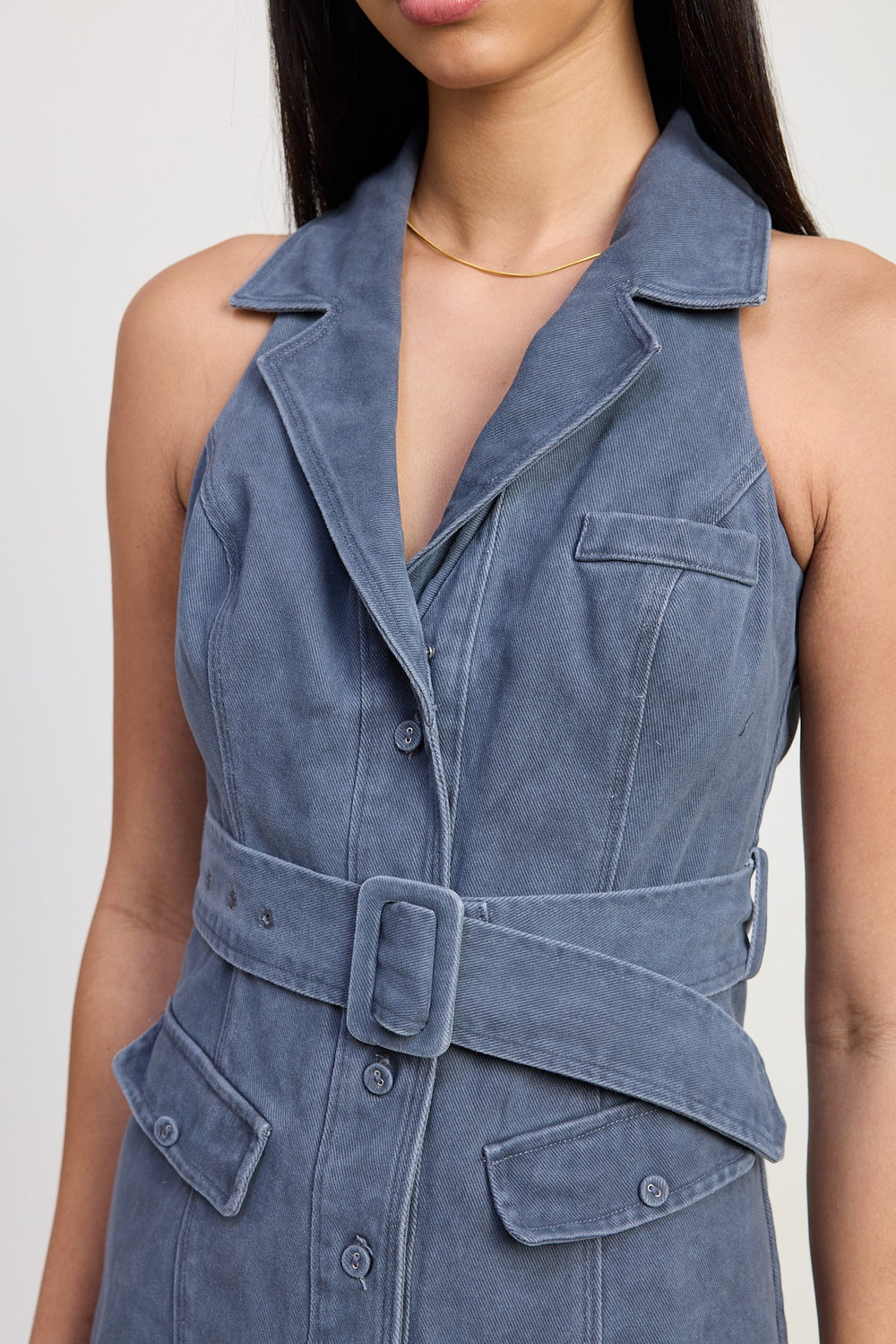 VINTAGE BLUE Mini Halter Collared Sleeveless Dress