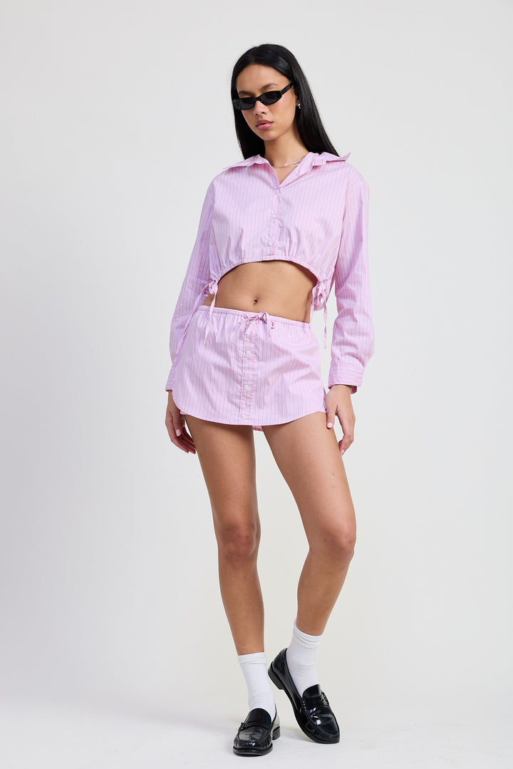 Pink Stripe Mini Skort With Waist Drawstring