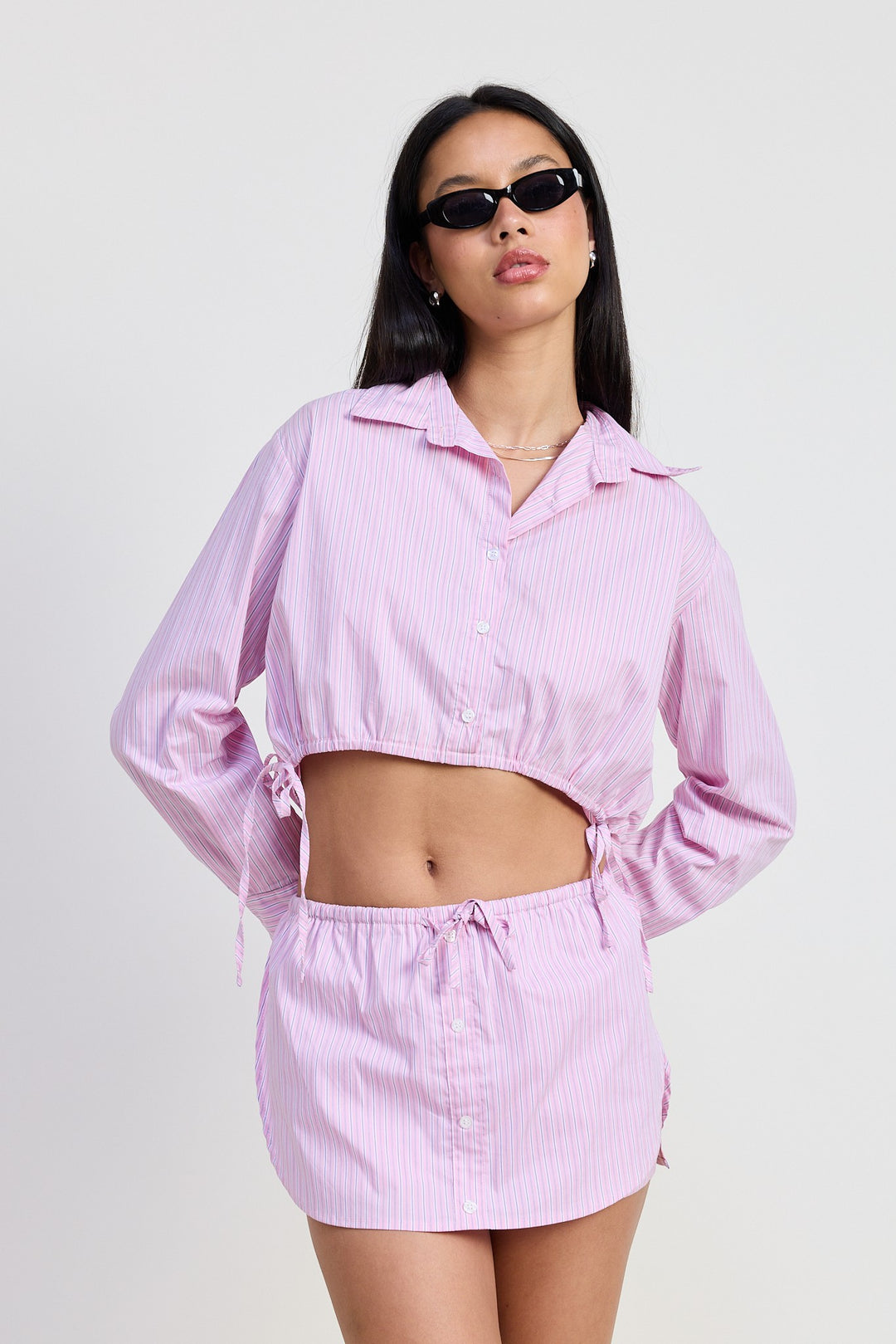 Pink Stripe Mini Skort With Waist Drawstring