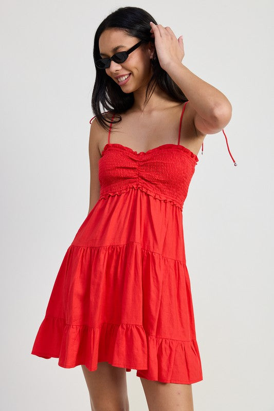 Red Ruffled Mini Dress With Smocking