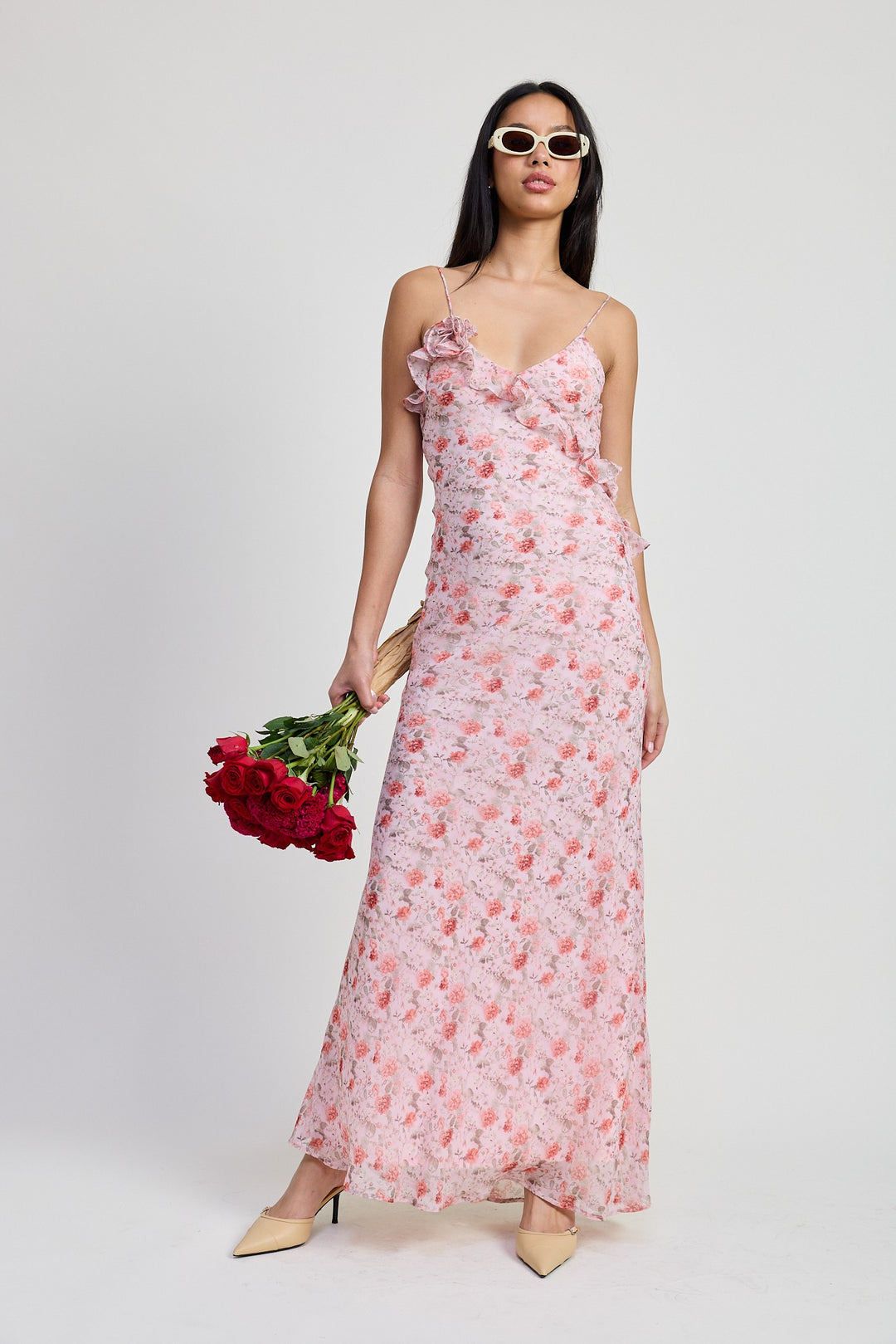 Pink Floral Spaghetti Strap Maxi Dress 1