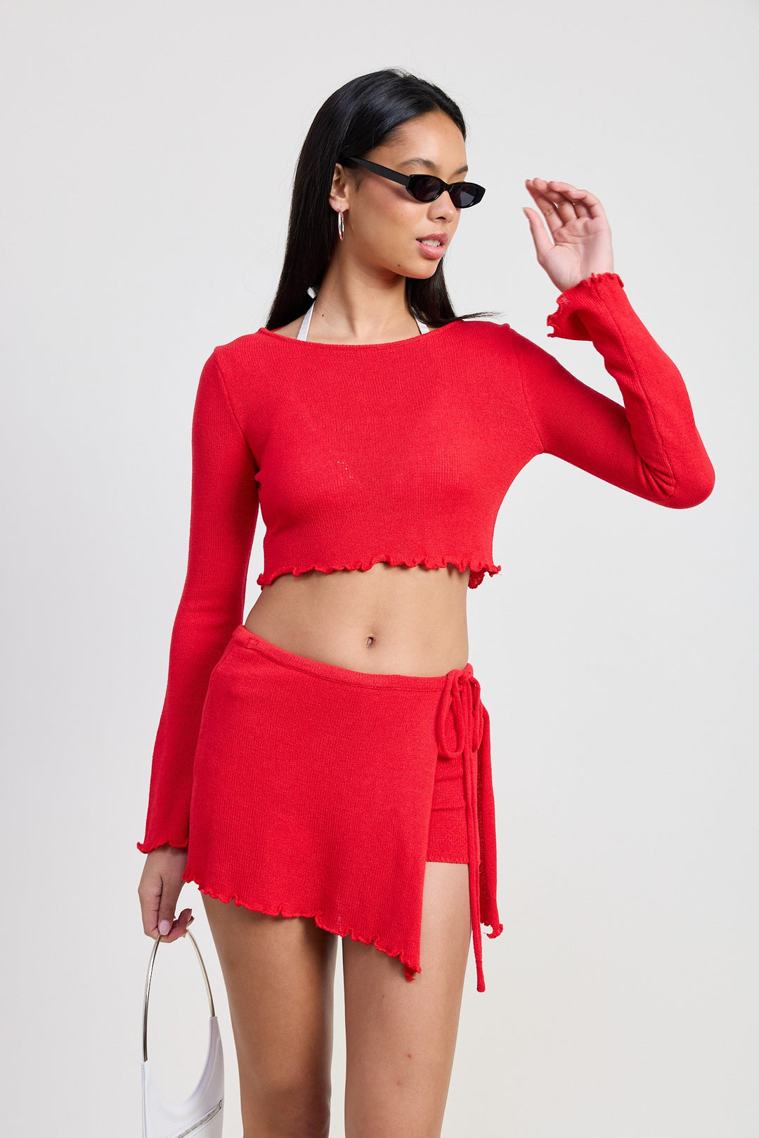 Red Long Sleeve Boat Neck Cropped Top