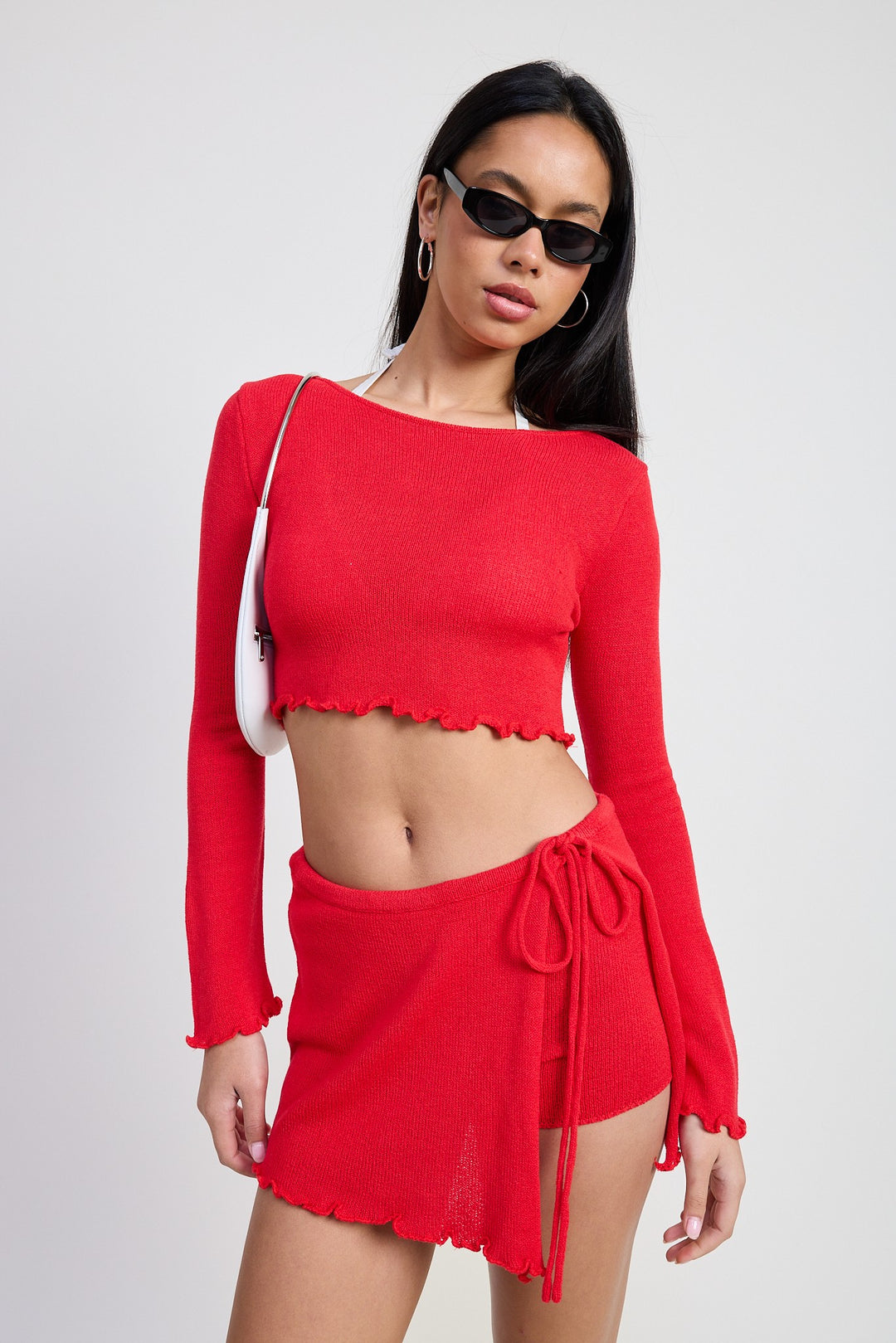 Cream Long Sleeve Boat Neck Cropped Top