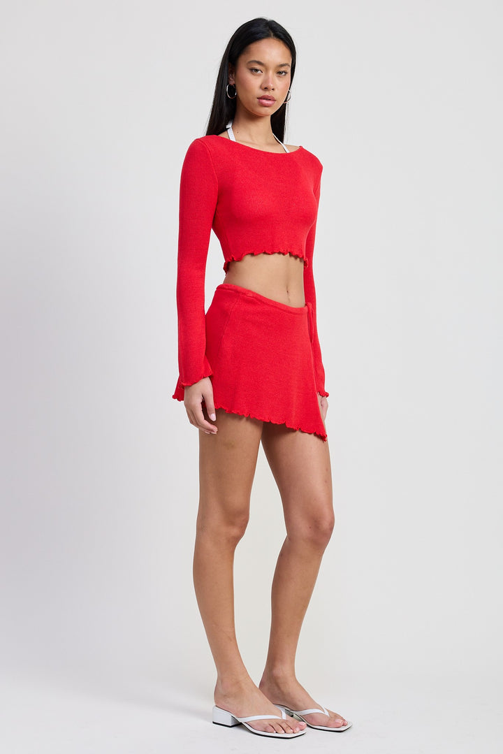 Red Long Sleeve Boat Neck Cropped Top