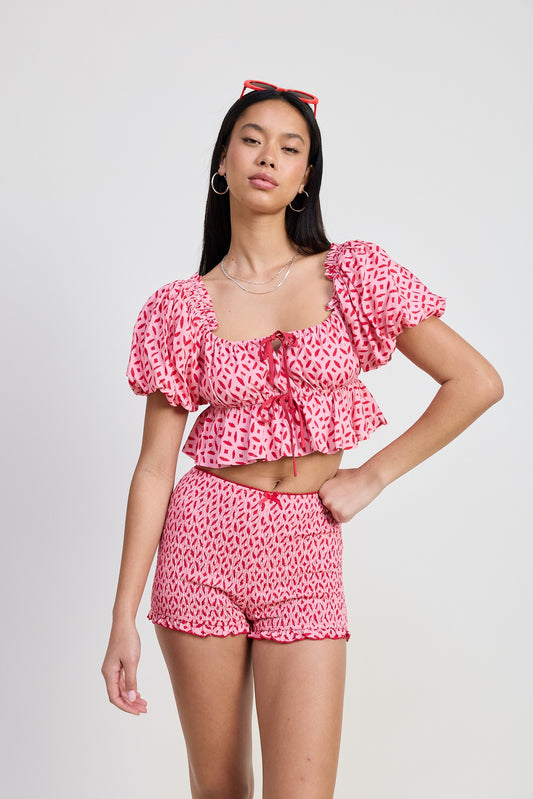 Pink Short Bubble Sleeve Babydoll Top