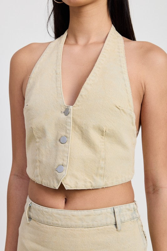 Light Sand Denim Button Down Halter Neck Top