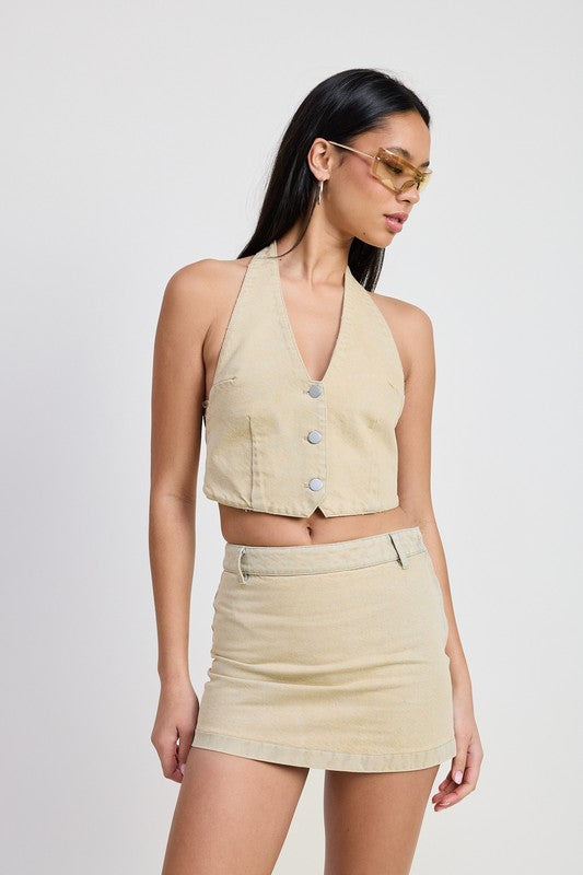 Light Sand Denim Button Down Halter Neck Top