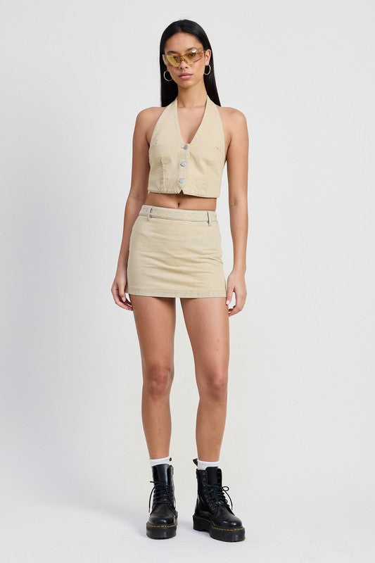 Light Sand Denim Denim Mini Skirt With Tie Dye Detail