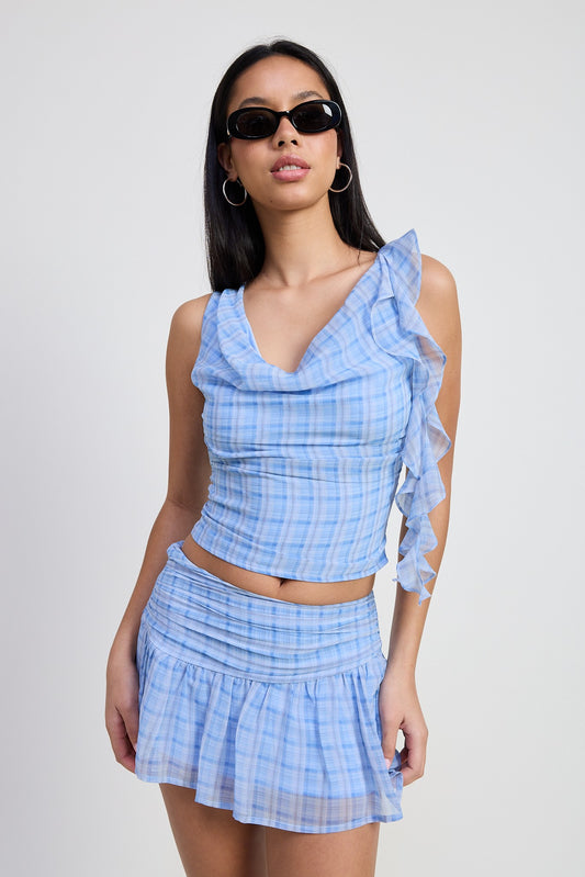 Periwinkle Plaid Mini Ruched Skirt