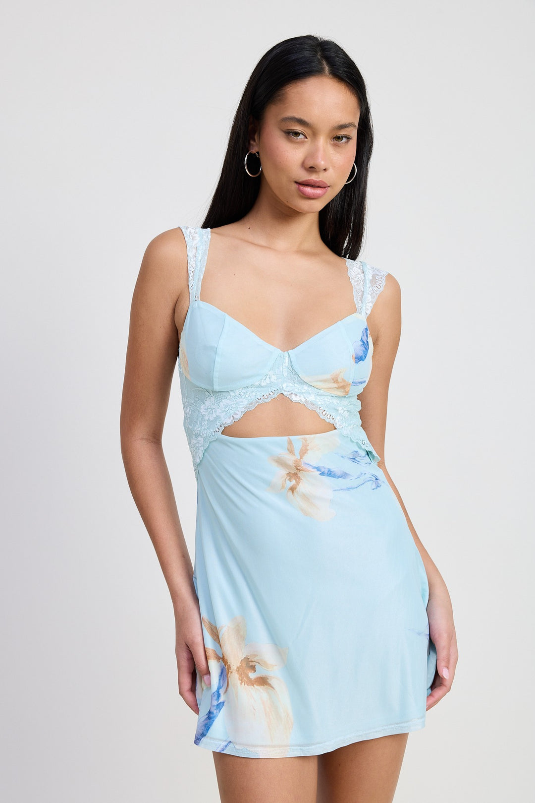 Baby Blue Floral Mini Lace Contrast Dress