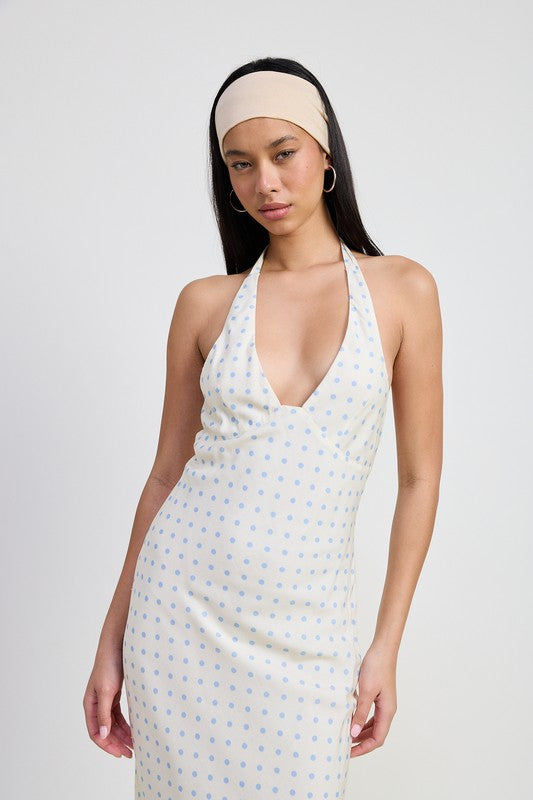 Ivory Blue Polka Dot V Neck Maxi Dress With Neck Tie