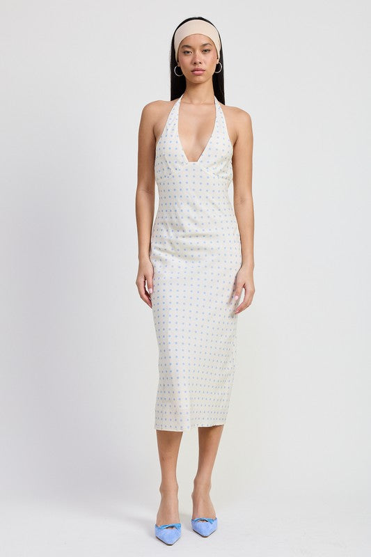 Ivory Blue Polka Dot V Neck Maxi Dress With Neck Tie