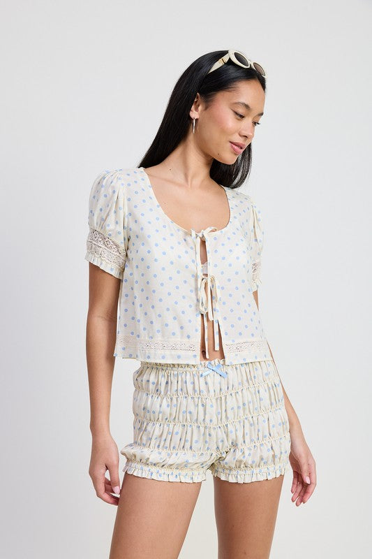 Ivory Blue Polka Dot Puff Sleeve Tie Front Top