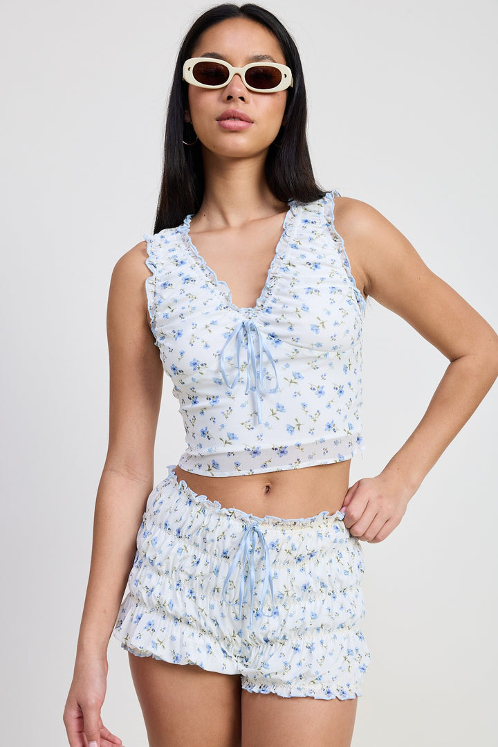 Mini Ruched Bloomer Shorts With Ruffle