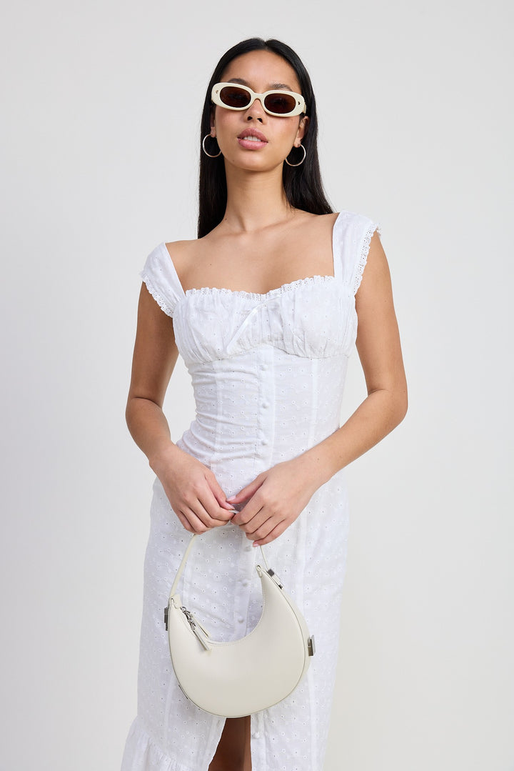 White Sqaure Neck Midi Cap Sleeve Dress