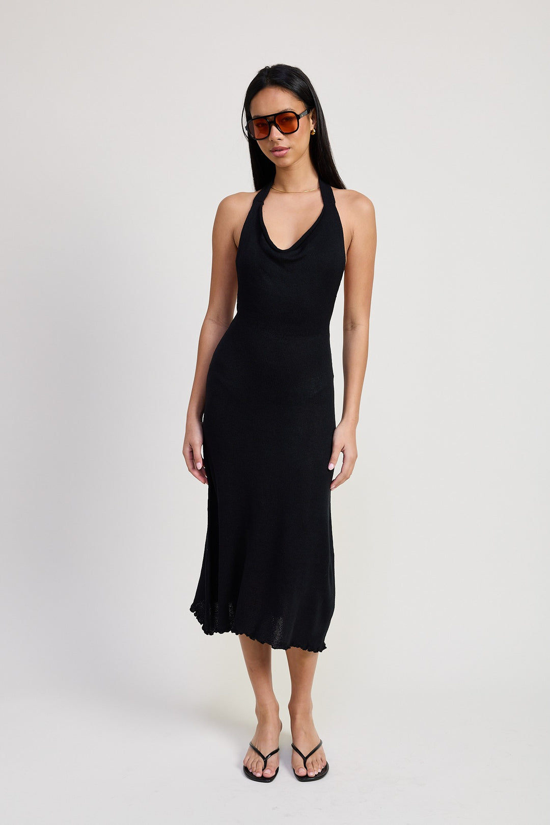 Black Cown Neck Midi Open Back Dress